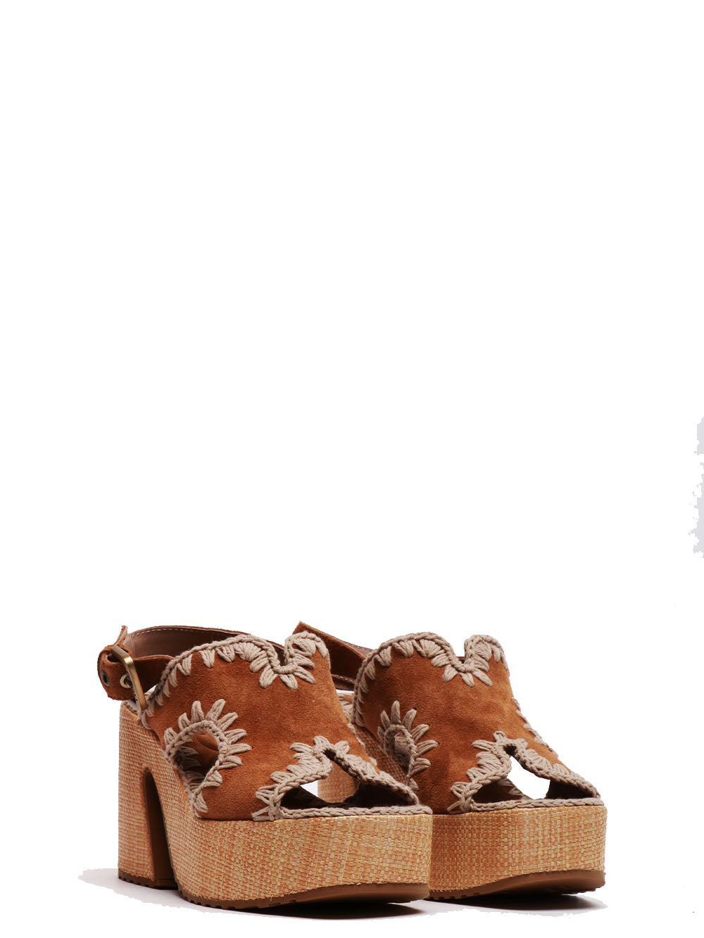 MOU Sandali in Suede Cammello con Tacco e Plateau Cognac