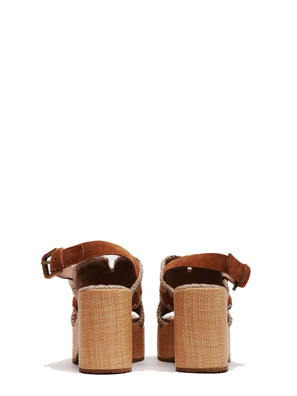 MOU Sandali in Suede Cammello con Tacco e Plateau Cognac
