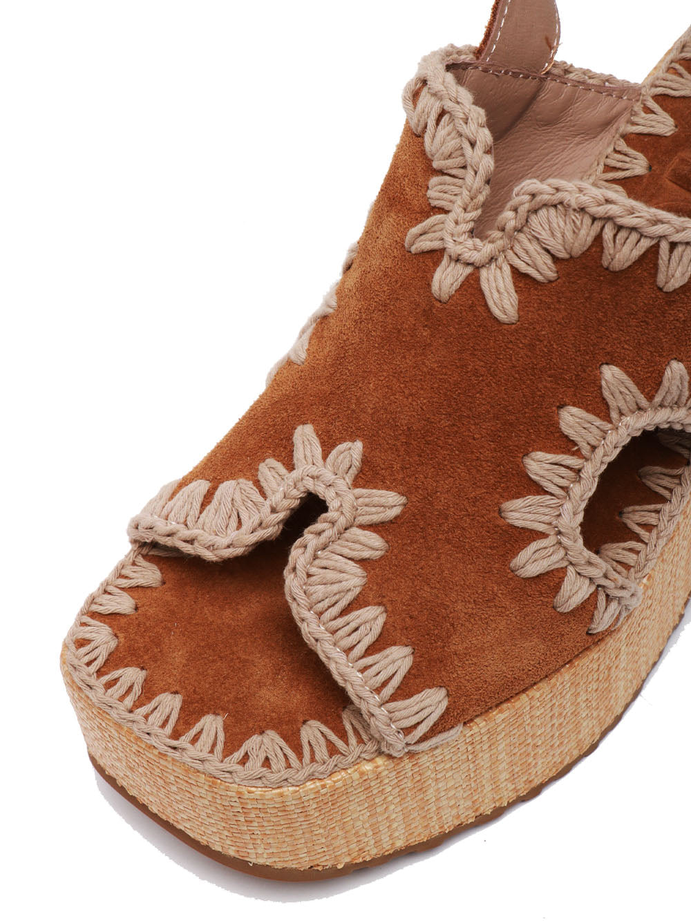 MOU Sandali in Suede Cammello con Tacco e Plateau Cognac
