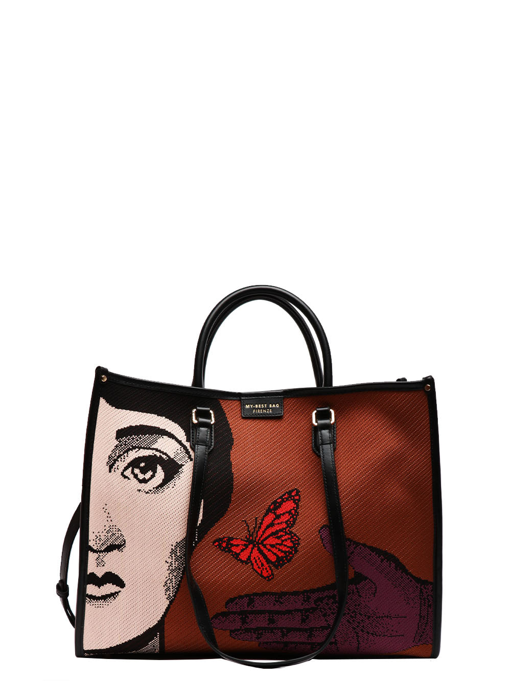 MY-BEST BAG BORSA A SPALLA ATENA TOTE CON FARFALLA MEDIUM Tabacco/nero