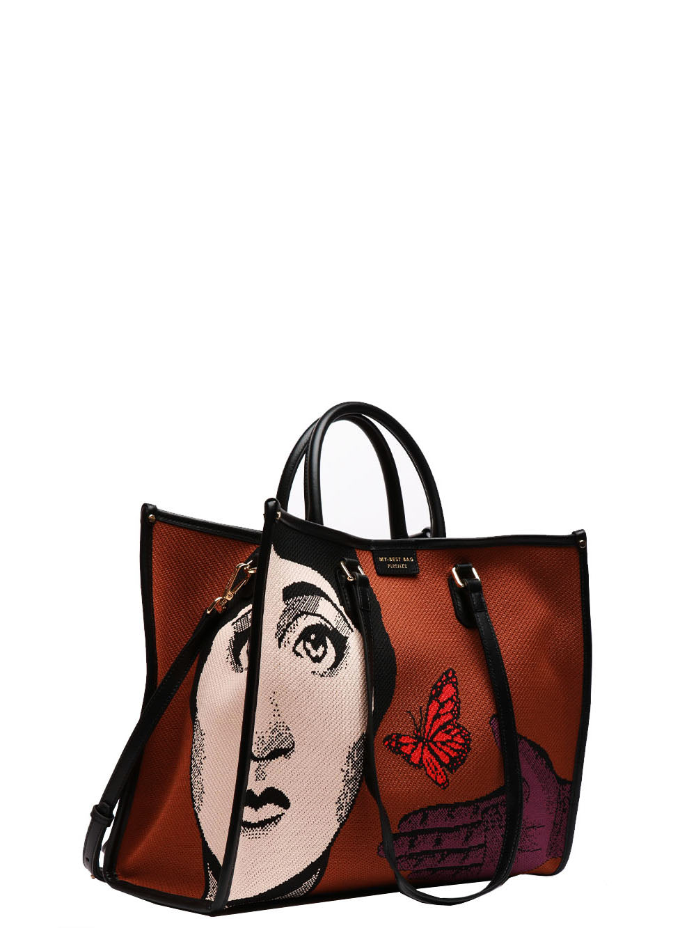 MY-BEST BAG BORSA A SPALLA ATENA TOTE CON FARFALLA MEDIUM Tabacco/nero