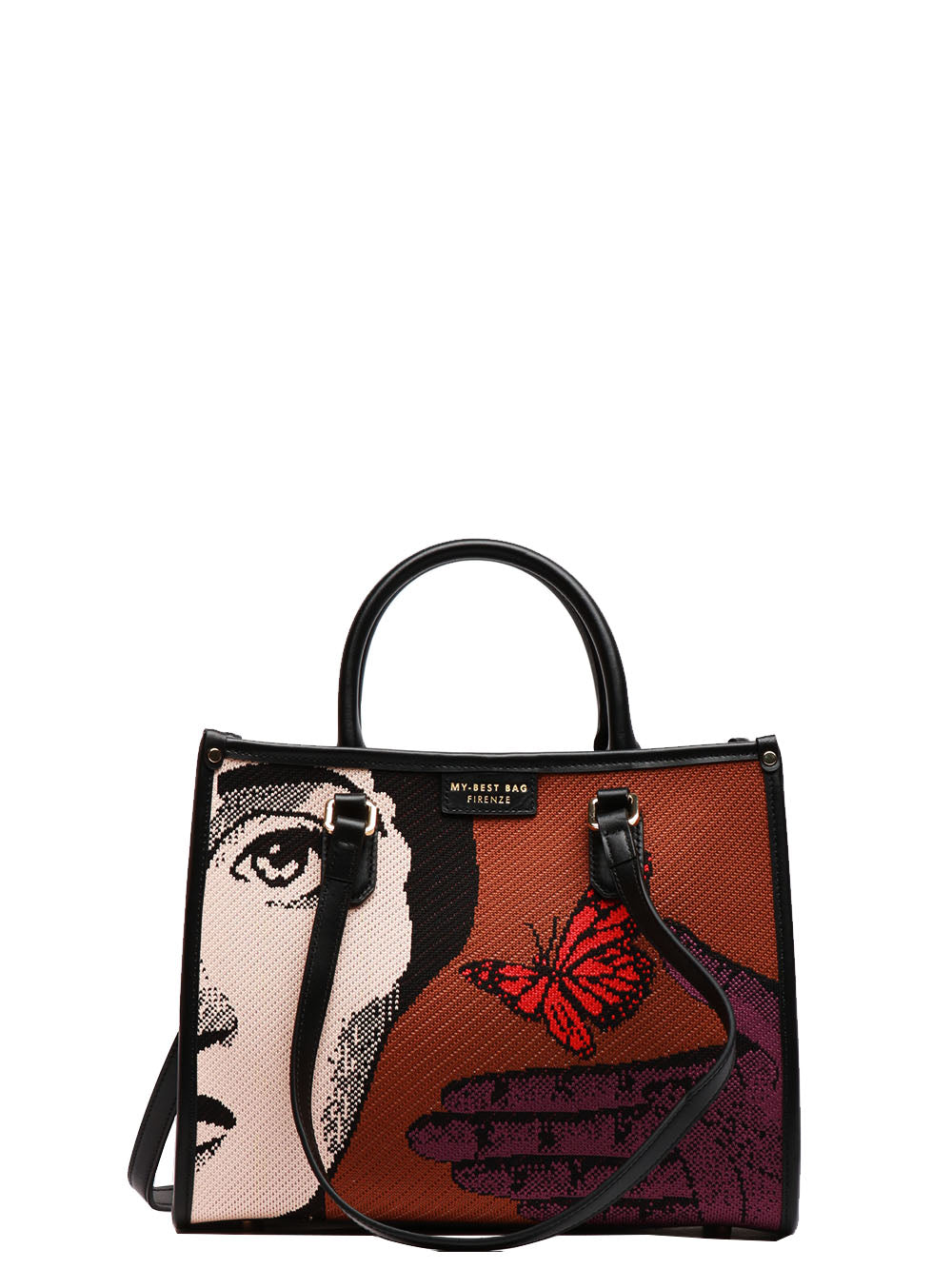 MY-BEST BAG BORSA A SPALLA ATENA SMALL TOTE CON FARFALLA Tabacco/nero