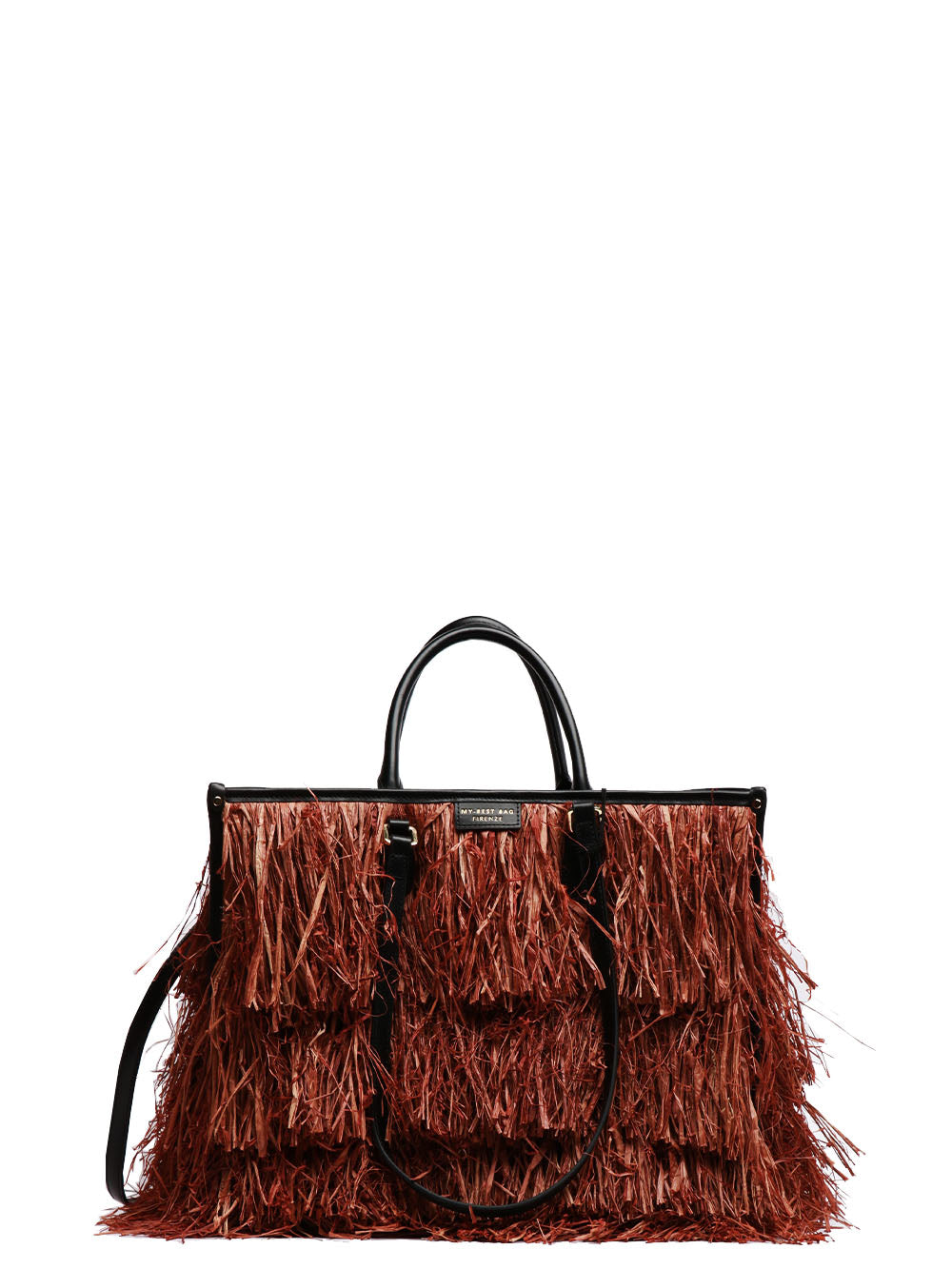 MY-BEST BAG BORSA A SPALLA ATENA BALI IN RAFIA CON FRANGE Tabacco/nero