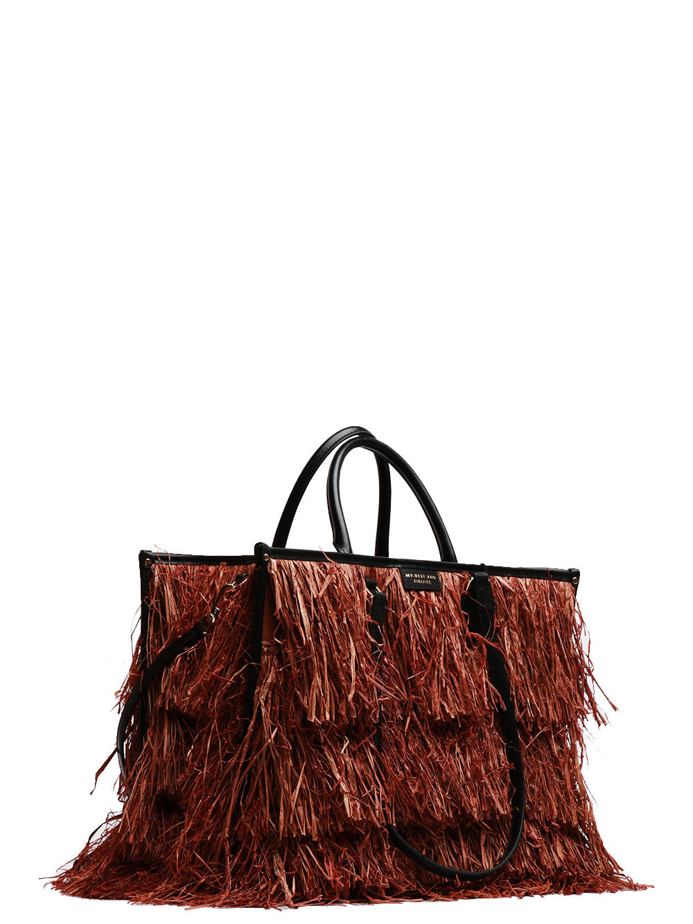 MY-BEST BAG BORSA A SPALLA ATENA BALI IN RAFIA CON FRANGE Tabacco/nero
