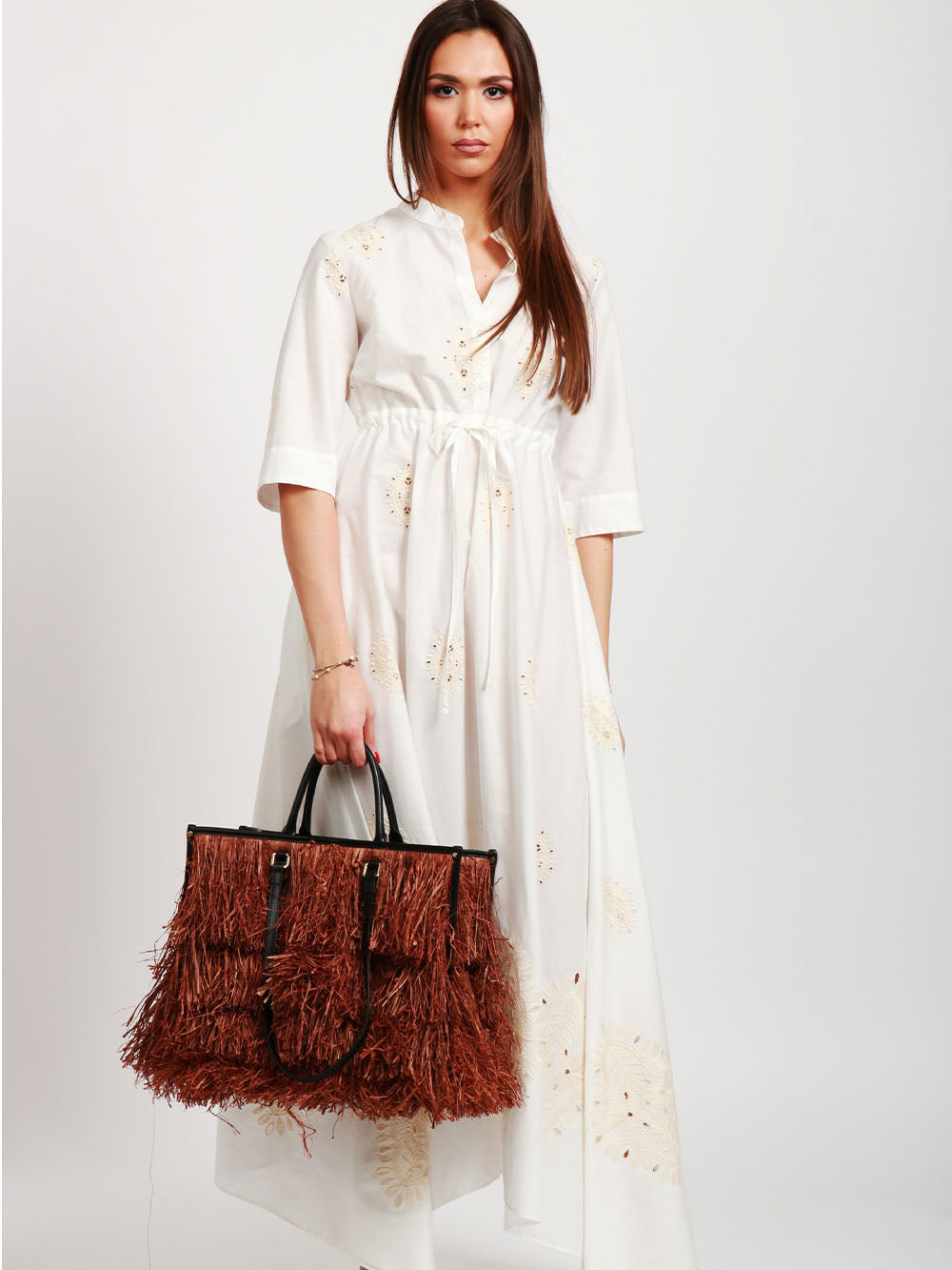 MY-BEST BAG BORSA A SPALLA ATENA BALI IN RAFIA CON FRANGE Tabacco/nero