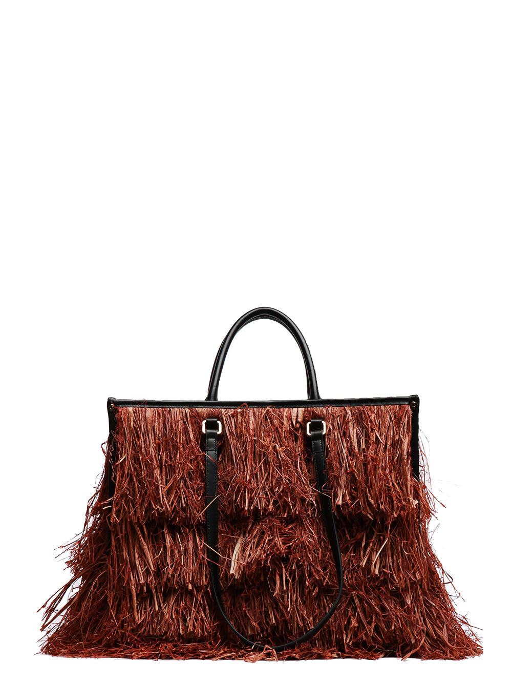 MY-BEST BAG BORSA A SPALLA ATENA BALI IN RAFIA CON FRANGE Tabacco/nero