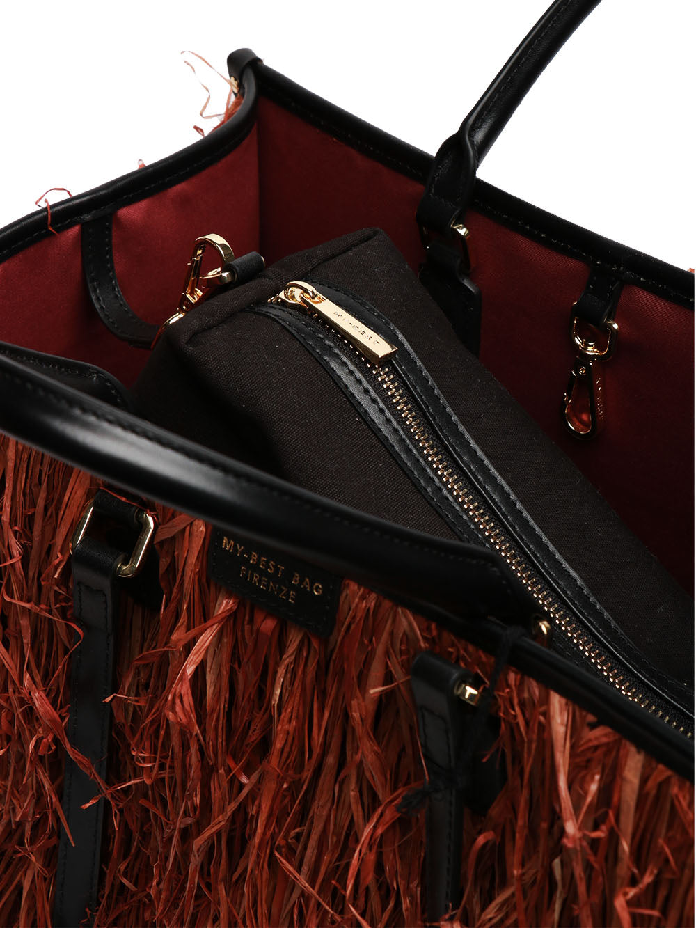MY-BEST BAG BORSA A SPALLA ATENA BALI IN RAFIA CON FRANGE Tabacco/nero