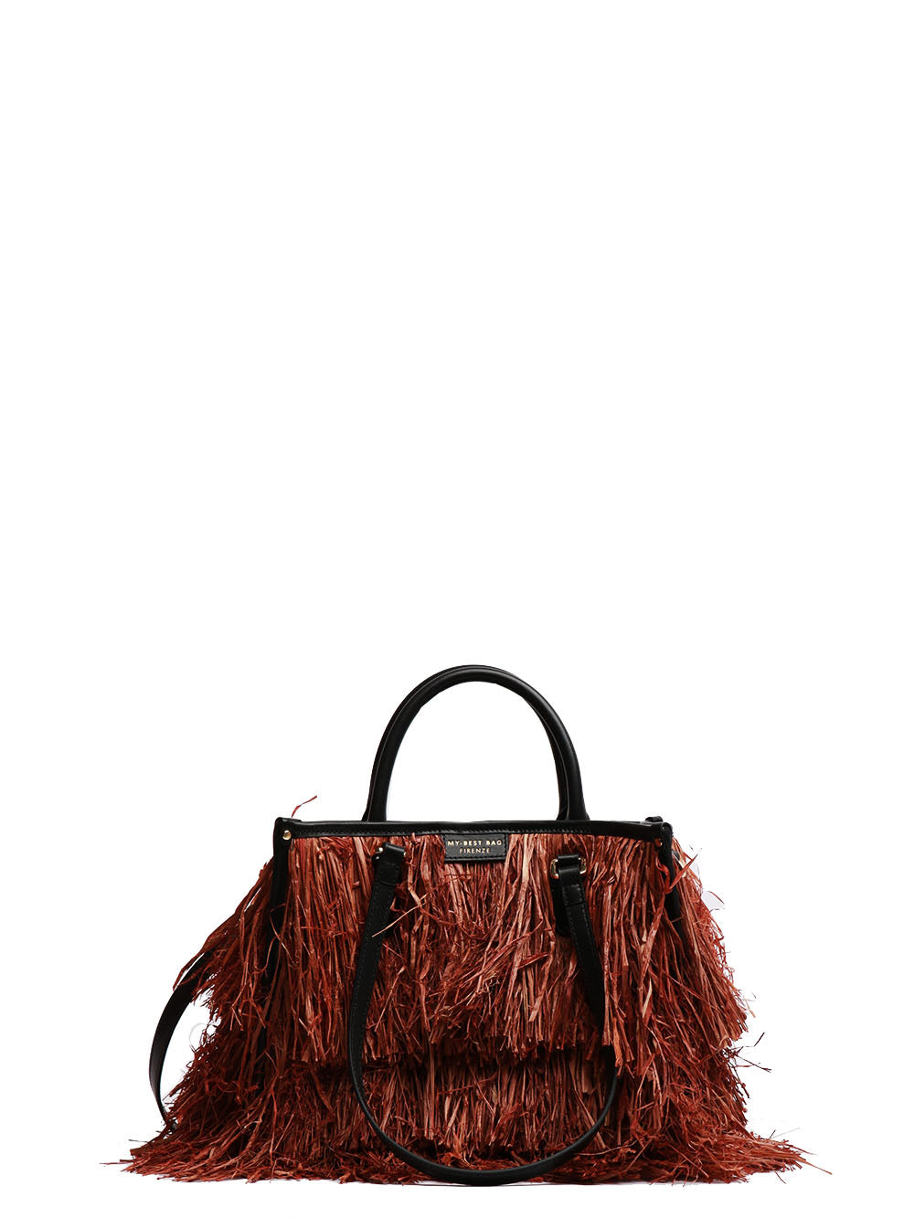MY-BEST BAG BORSA A SPALLA ATENA BALI SMALL IN RAFIA CON FRANGE Tabacco/nero