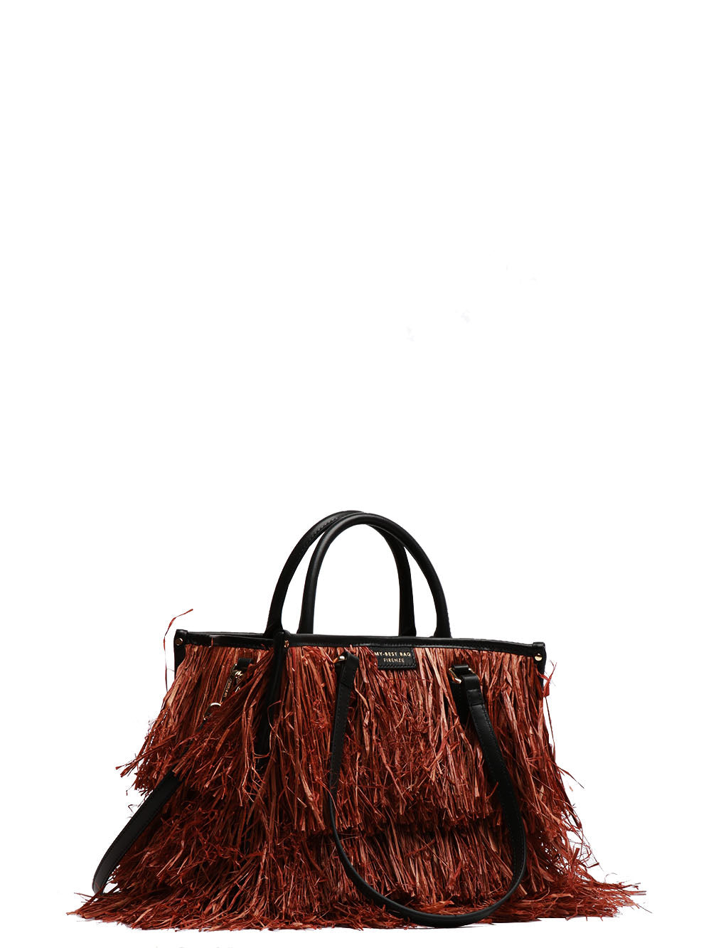 MY-BEST BAG BORSA A SPALLA ATENA BALI SMALL IN RAFIA CON FRANGE Tabacco/nero