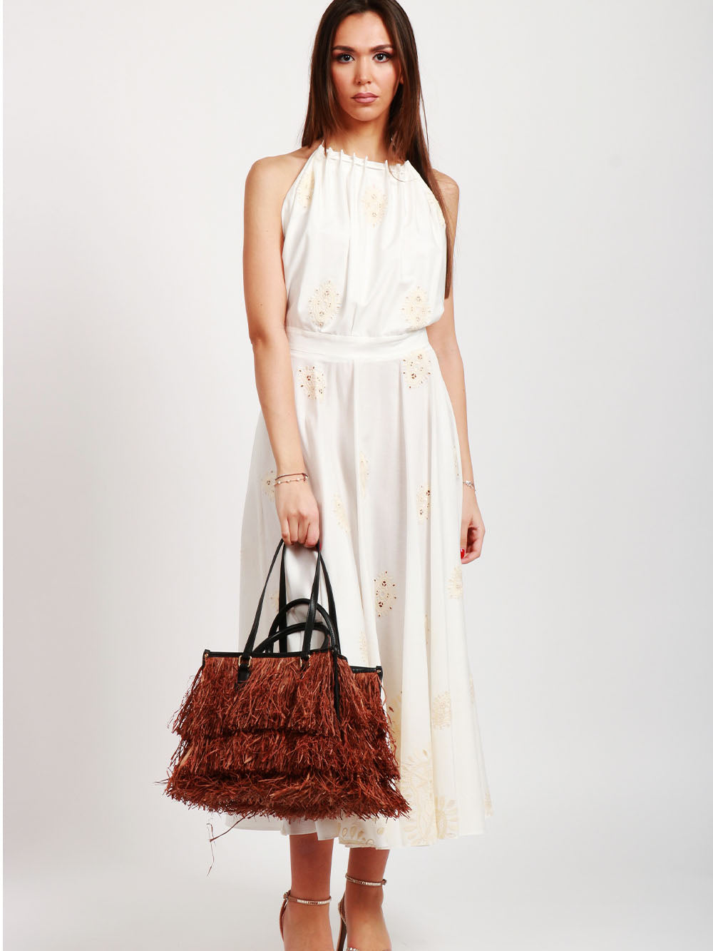 MY-BEST BAG BORSA A SPALLA ATENA BALI SMALL IN RAFIA CON FRANGE Tabacco/nero