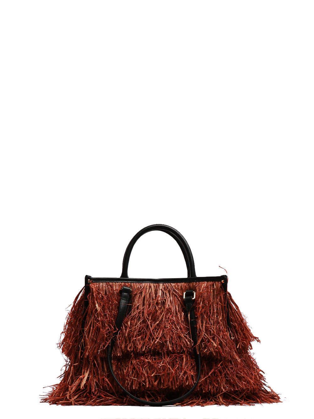 MY-BEST BAG BORSA A SPALLA ATENA BALI SMALL IN RAFIA CON FRANGE Tabacco/nero