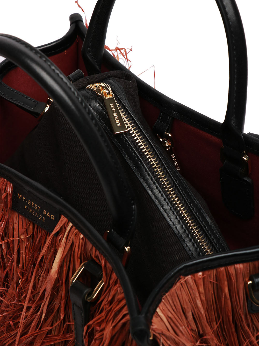 MY-BEST BAG BORSA A SPALLA ATENA BALI SMALL IN RAFIA CON FRANGE Tabacco/nero