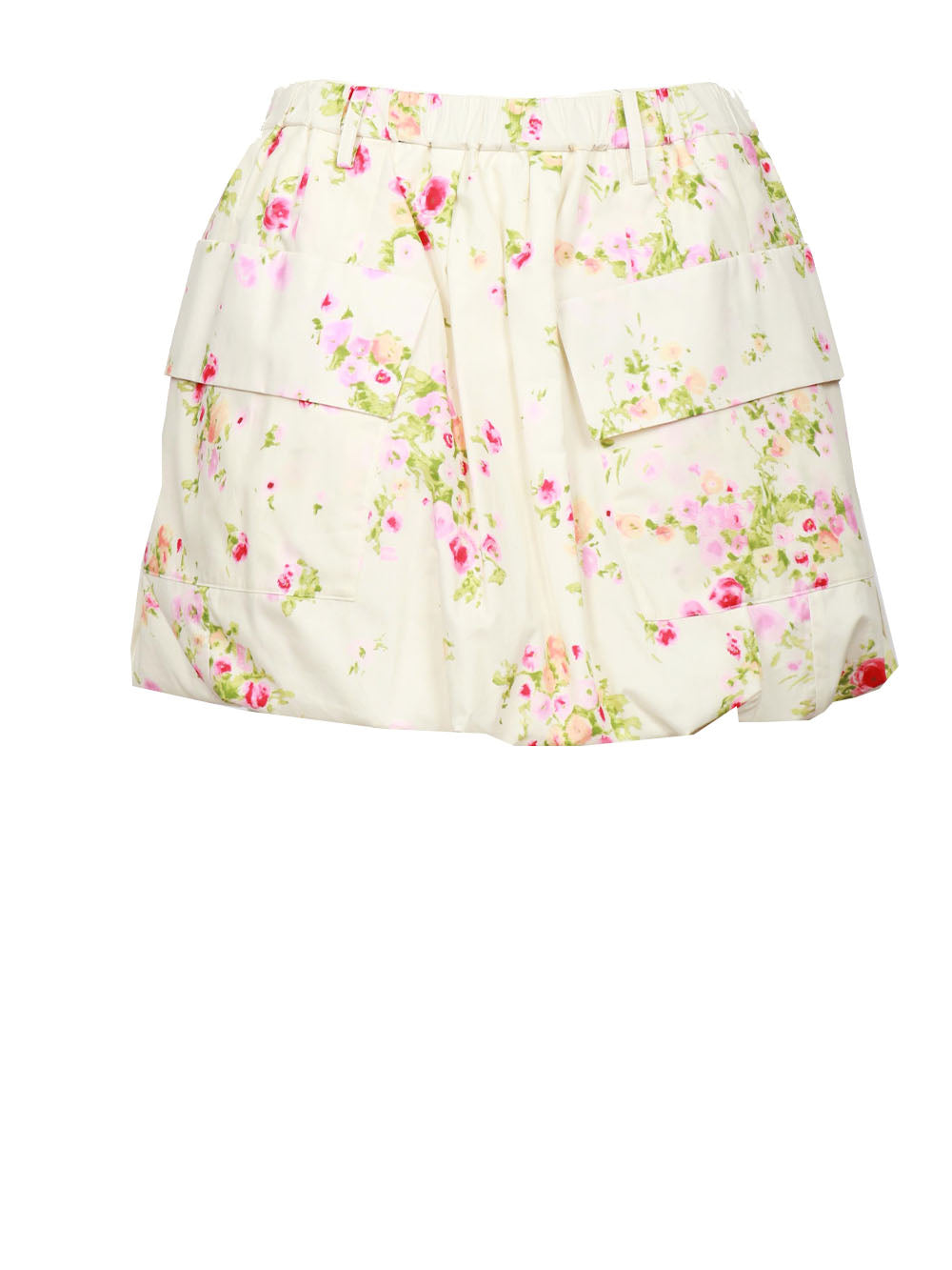 N°21 Minigonna a Palloncino in Taffeta Bianca con Fiori Bianco Rosa