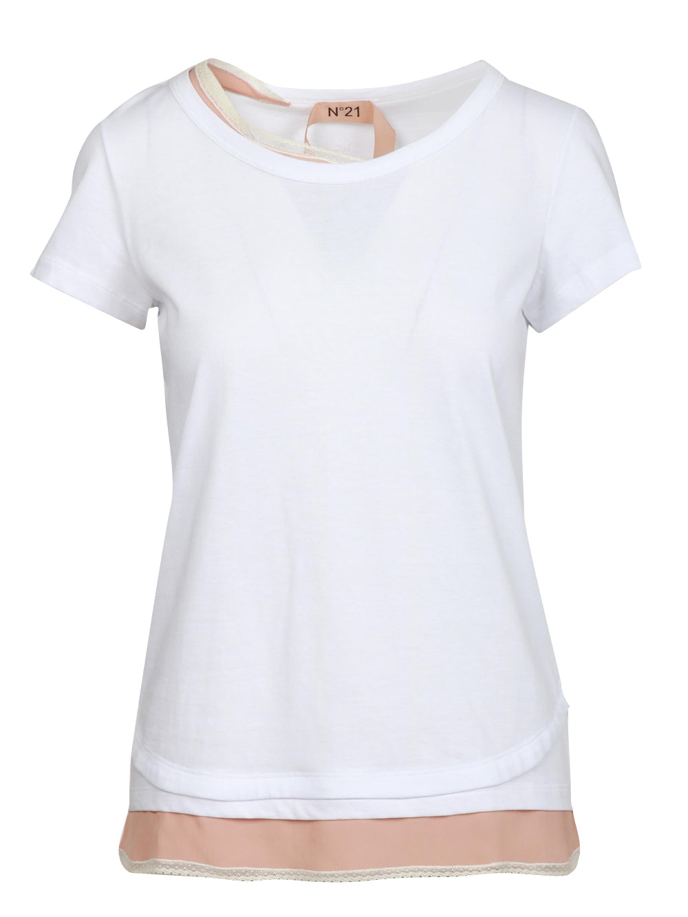 N°21 T-Shirt Girocollo Bianca con Dettagli in Seta Cipria Bianco