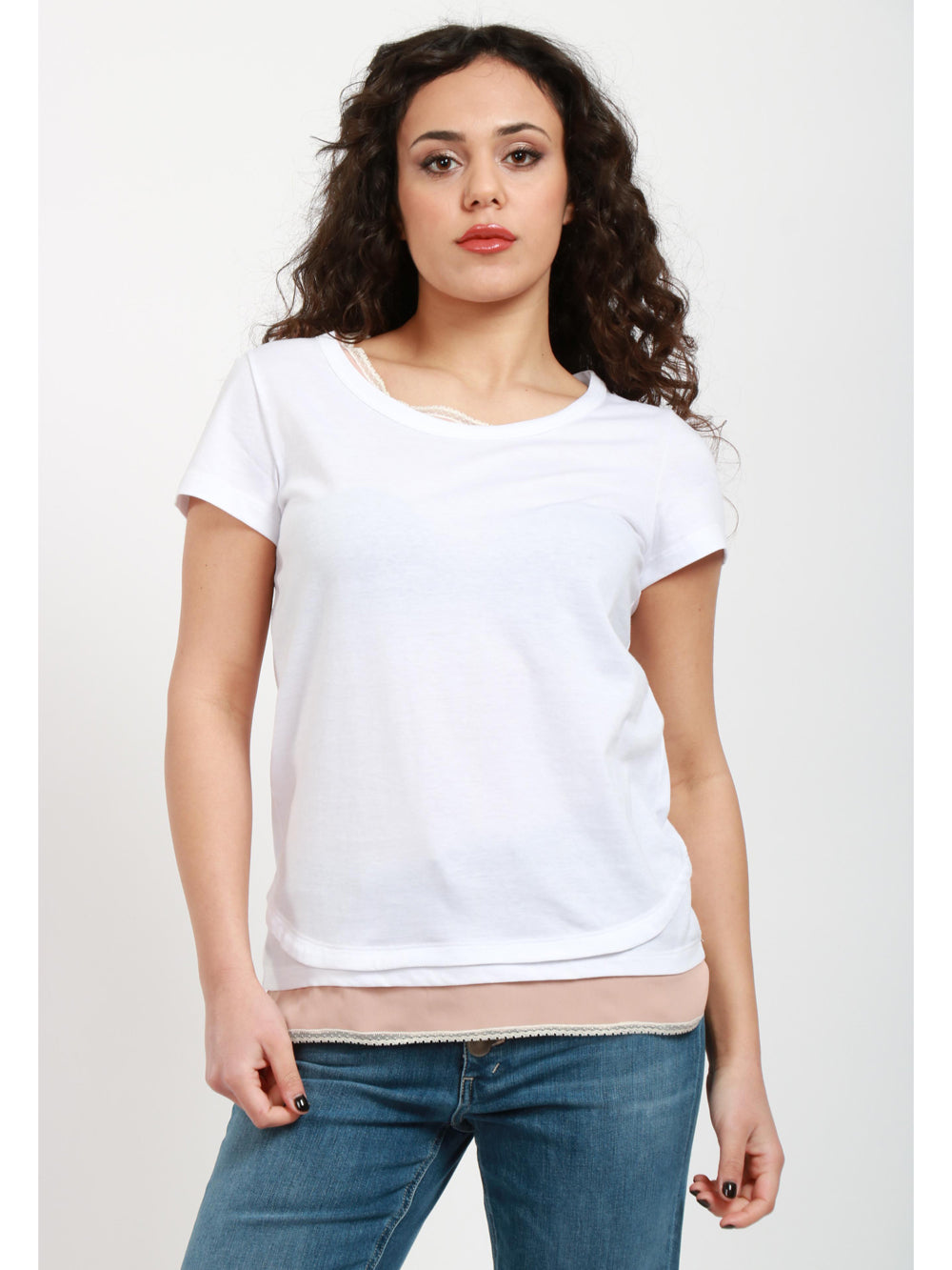 N°21 T-Shirt Girocollo Bianca con Dettagli in Seta Cipria Bianco