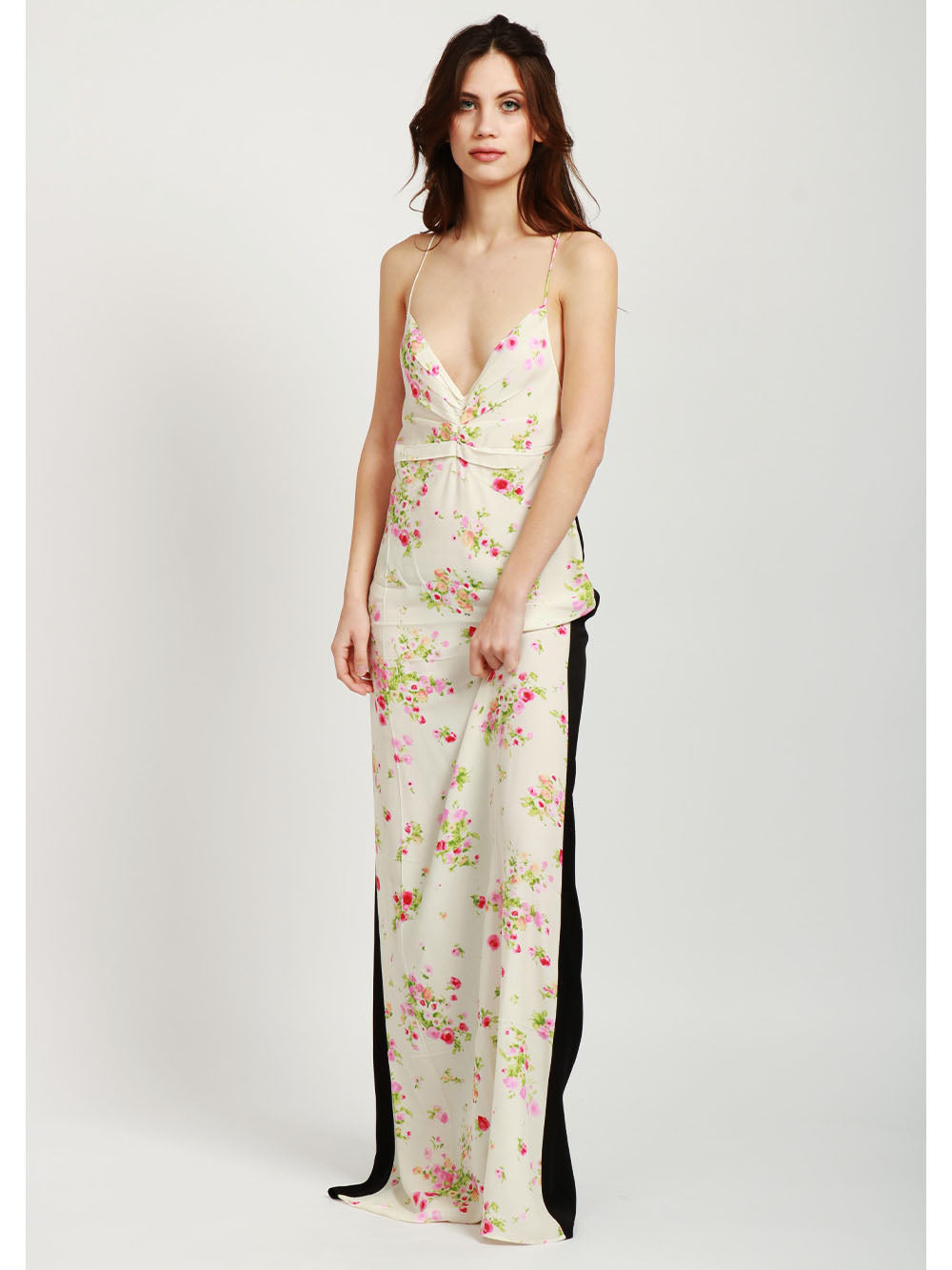 N°21 Vestito Sottoveste Lungo in Voile Bianco con Stampa Fiori Bianco Rosa