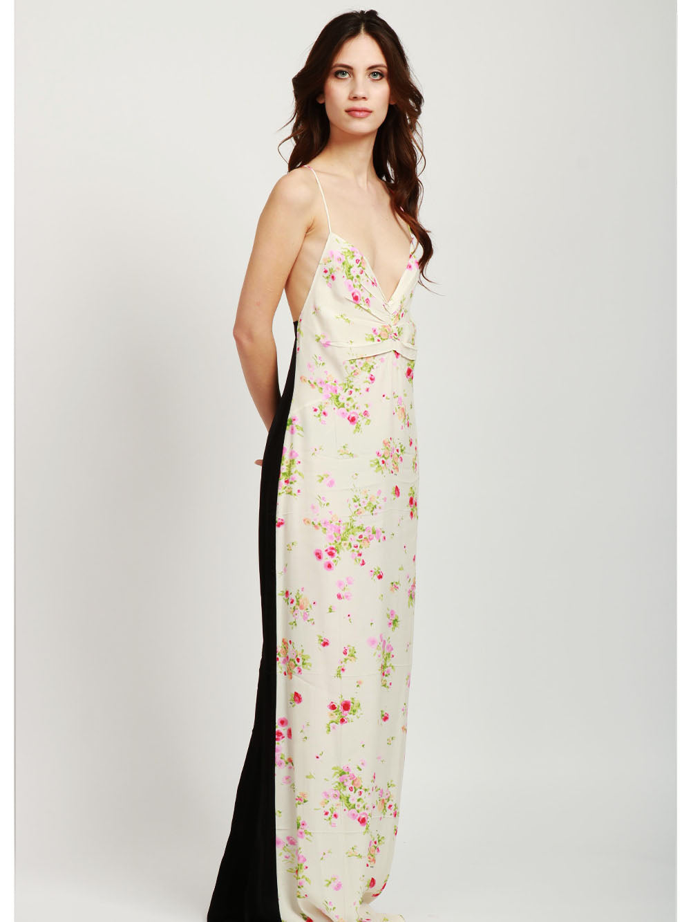 N°21 Vestito Sottoveste Lungo in Voile Bianco con Stampa Fiori Bianco Rosa