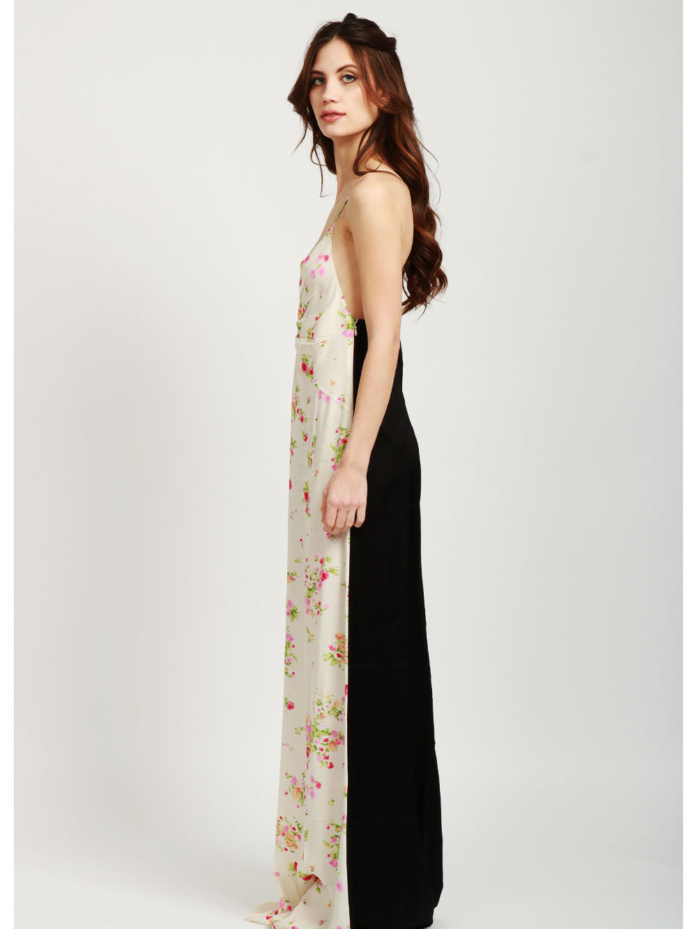 N°21 Vestito Sottoveste Lungo in Voile Bianco con Stampa Fiori Bianco Rosa