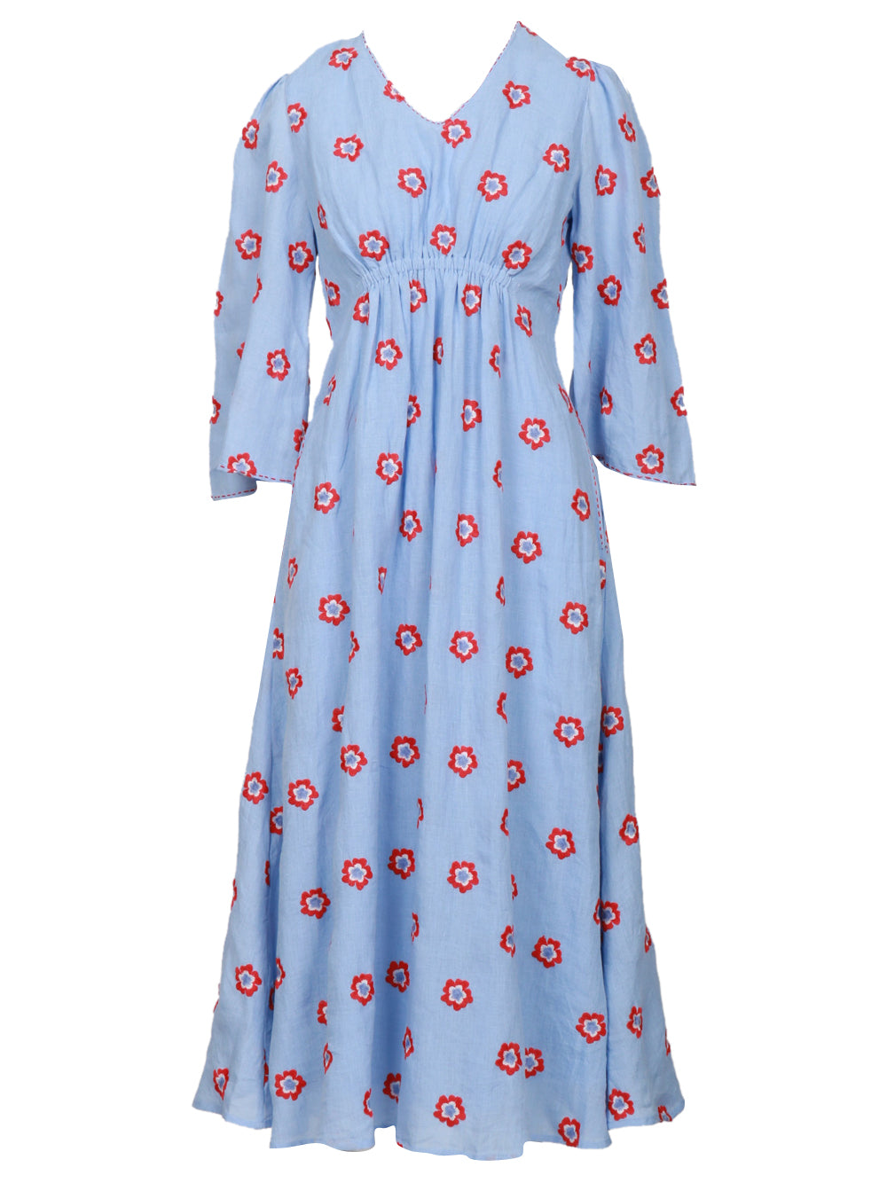 Nimo With Love Vestito Lungo in Lino Celeste con Fiori Rossi Ricamati Celeste+rosso