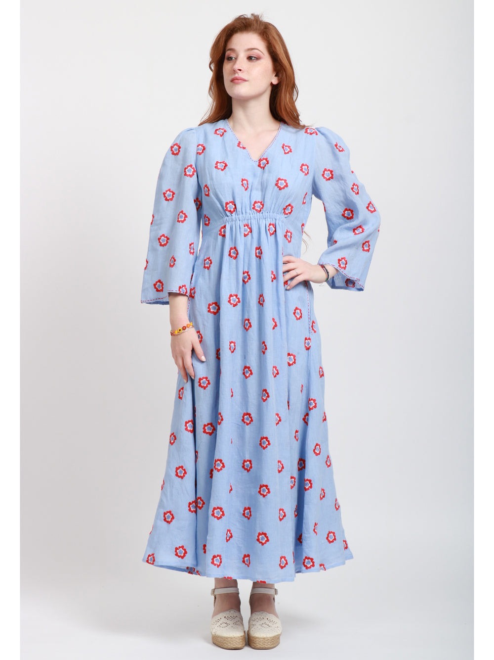 Nimo With Love Vestito Lungo in Lino Celeste con Fiori Rossi Ricamati Celeste+rosso