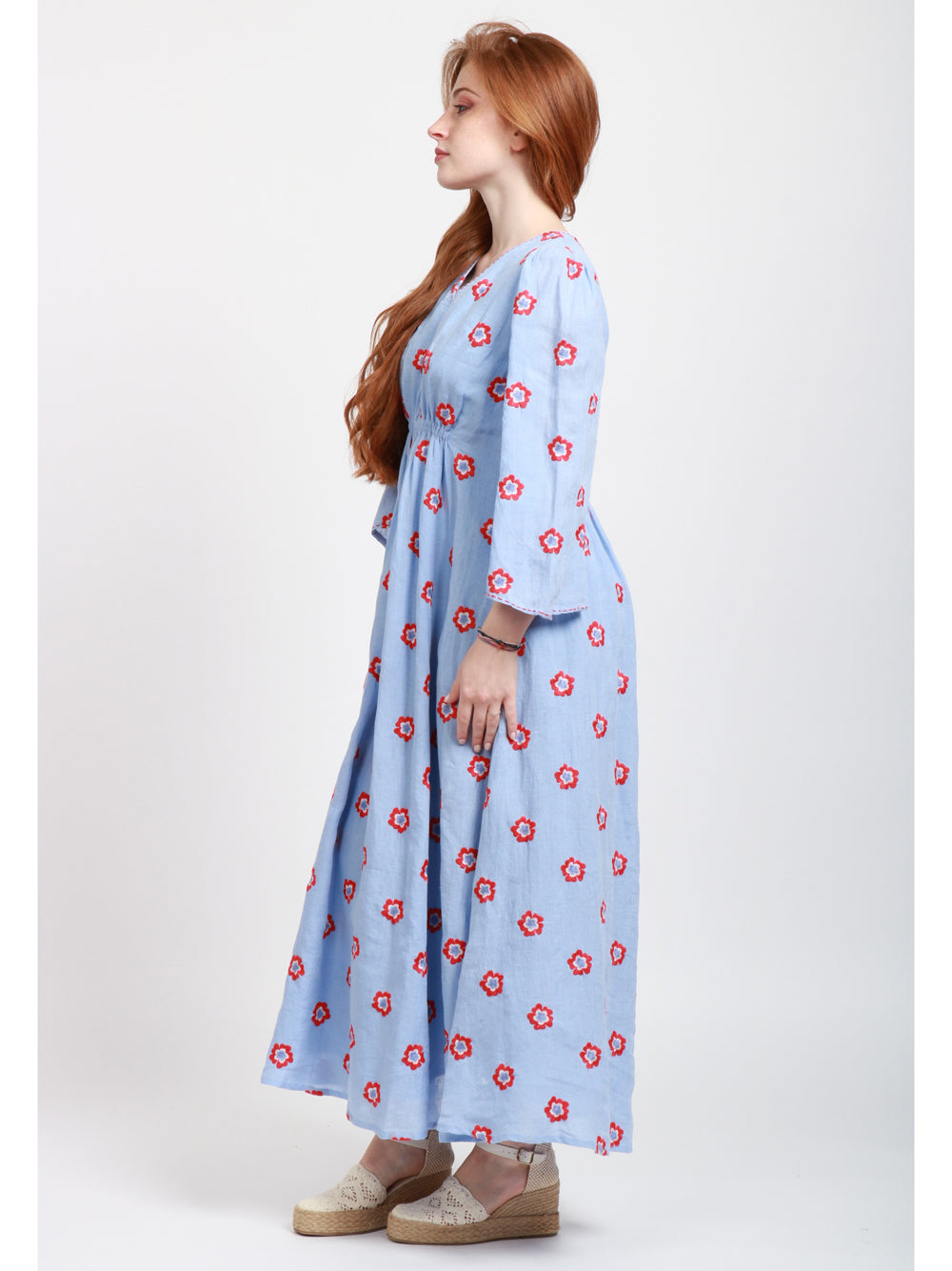 Nimo With Love Vestito Lungo in Lino Celeste con Fiori Rossi Ricamati Celeste+rosso