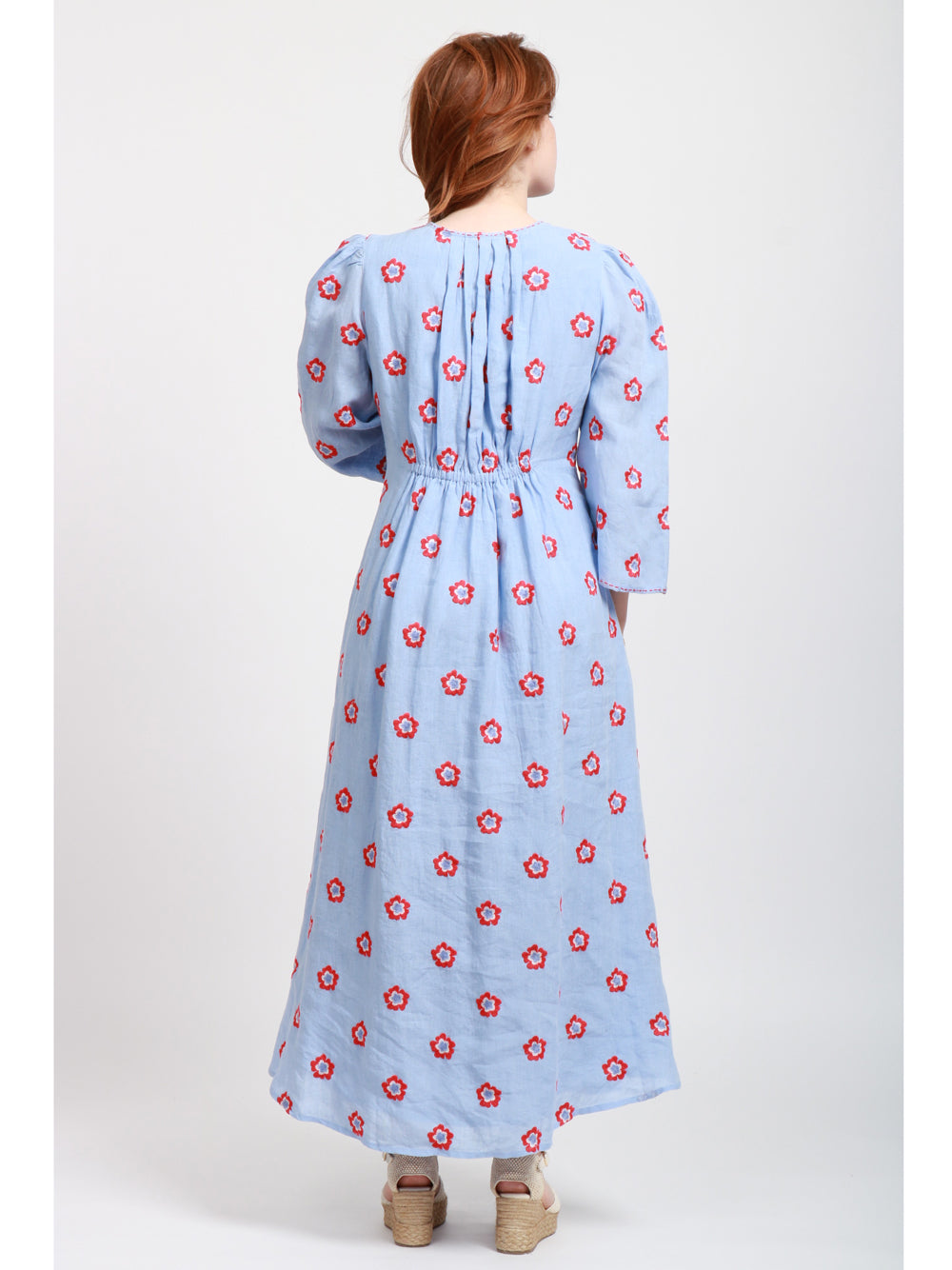 Nimo With Love Vestito Lungo in Lino Celeste con Fiori Rossi Ricamati Celeste+rosso