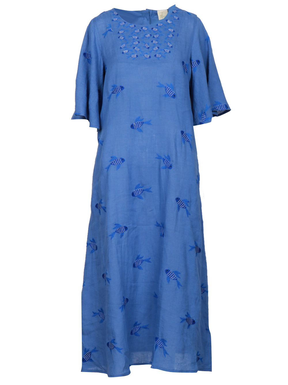 Nimo With Love Vestito Lungo in Lino Blu con Pesci Ricamati Bluette