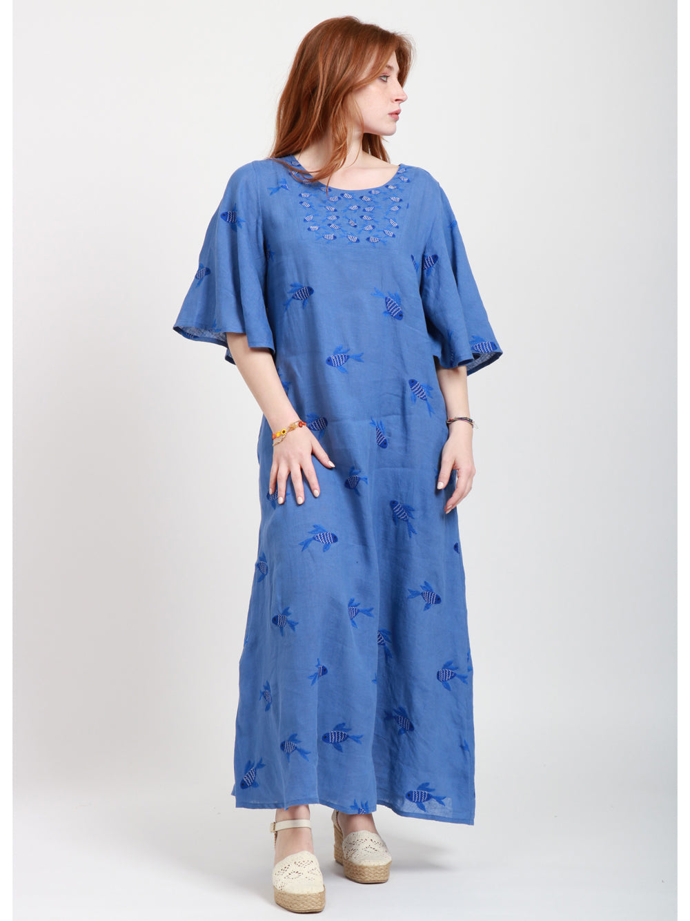 Nimo With Love Vestito Lungo in Lino Blu con Pesci Ricamati Bluette
