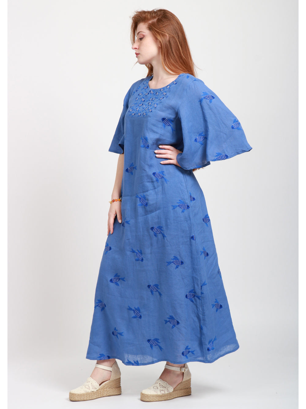 Nimo With Love Vestito Lungo in Lino Blu con Pesci Ricamati Bluette