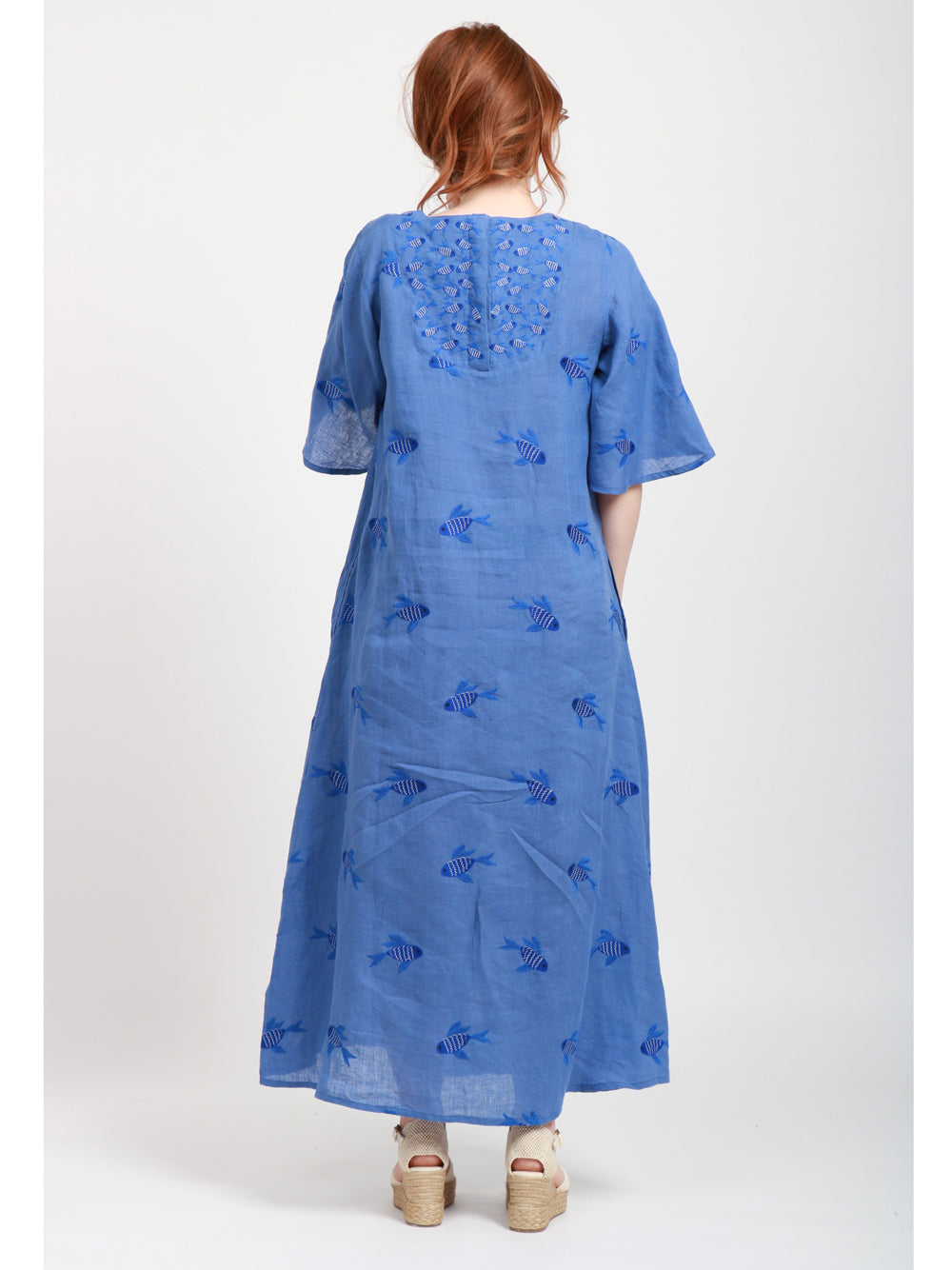 Nimo With Love Vestito Lungo in Lino Blu con Pesci Ricamati Bluette