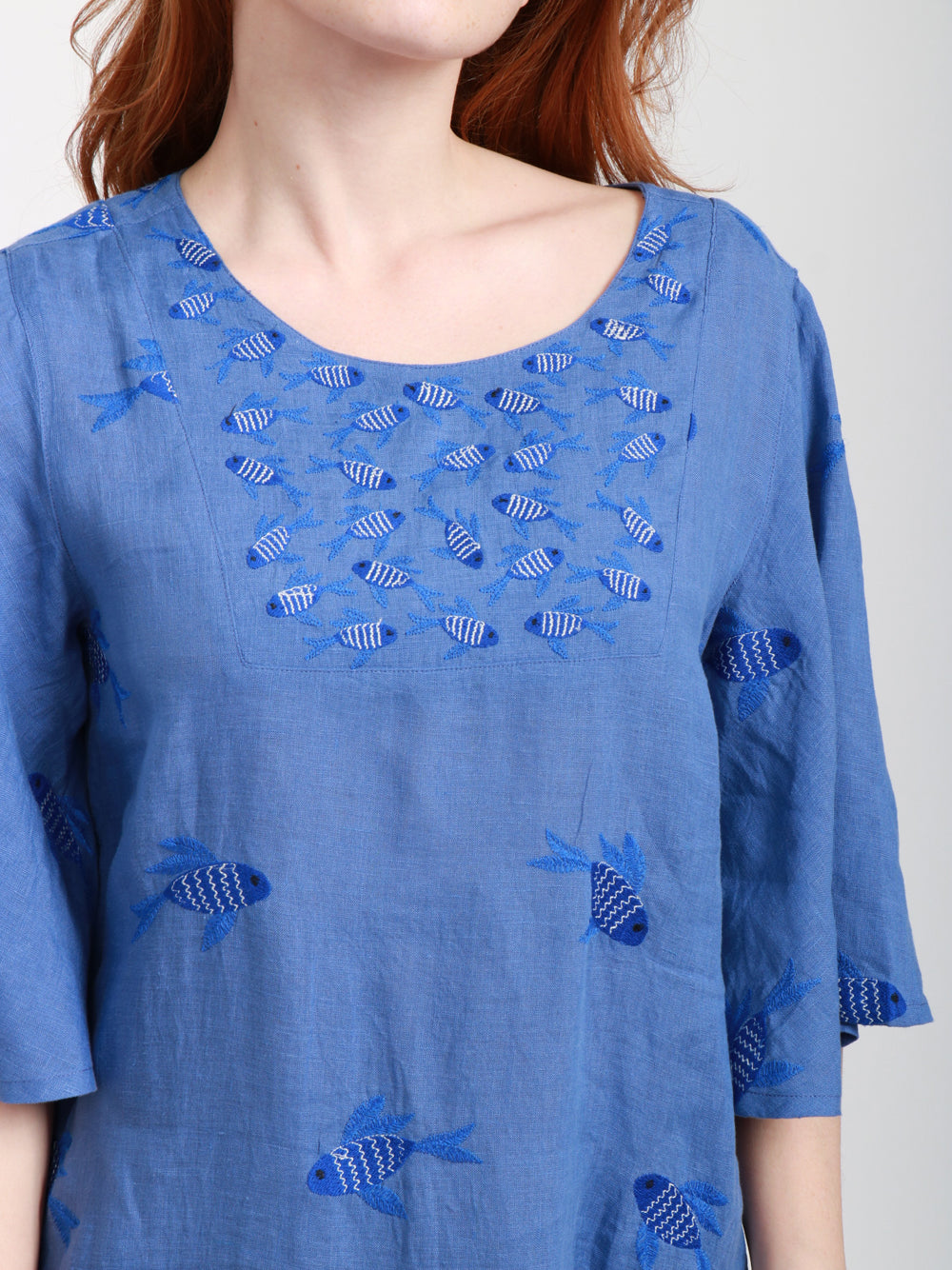 Nimo With Love Vestito Lungo in Lino Blu con Pesci Ricamati Bluette