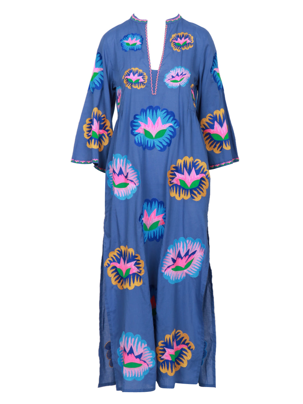 Nimo With Love Vestito Kaftano in Cotone Bluette con Ricami Bluette+color