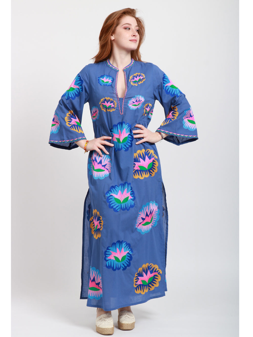 Nimo With Love Vestito Kaftano in Cotone Bluette con Ricami Bluette+color