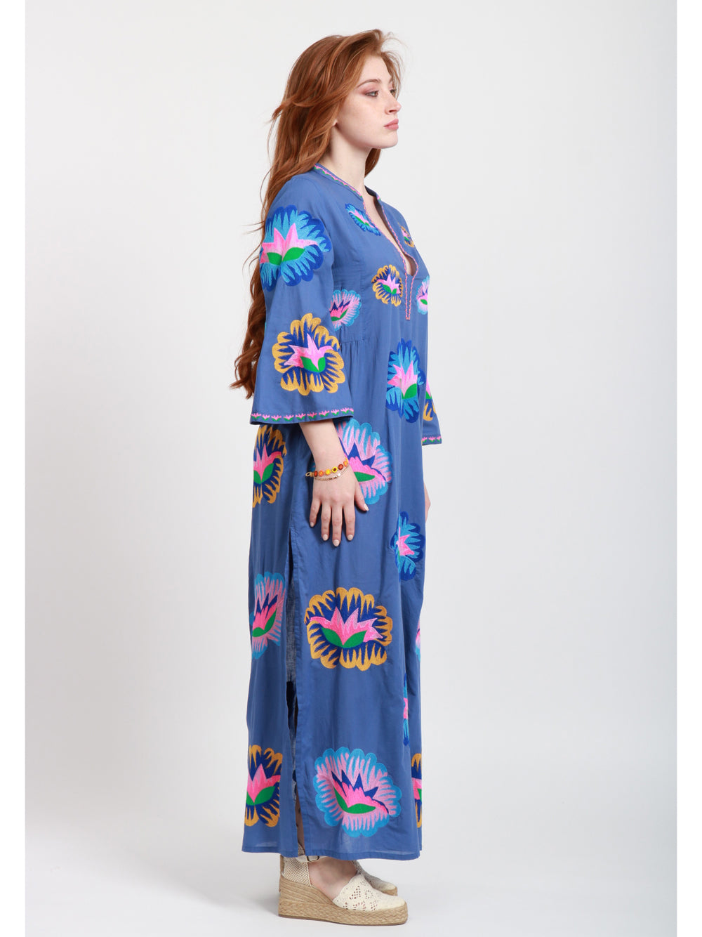 Nimo With Love Vestito Kaftano in Cotone Bluette con Ricami Bluette+color