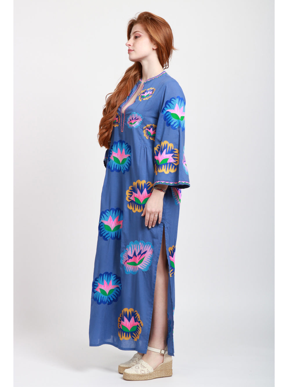Nimo With Love Vestito Kaftano in Cotone Bluette con Ricami Bluette+color