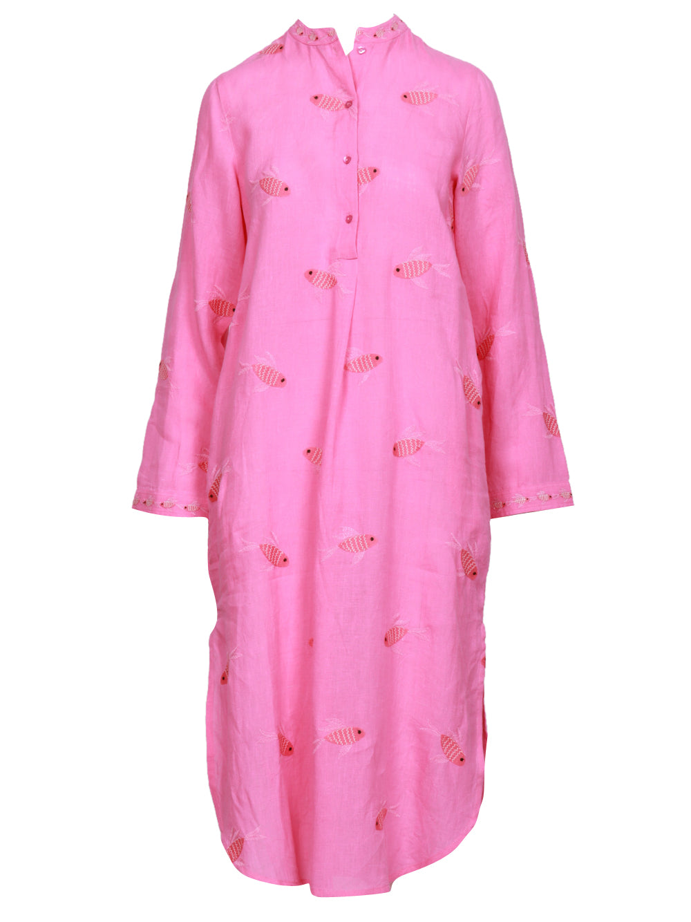 Nimo With Love Vestito Kaftano in Lino Fucsia con Pesci Ricamati Rosa bubble