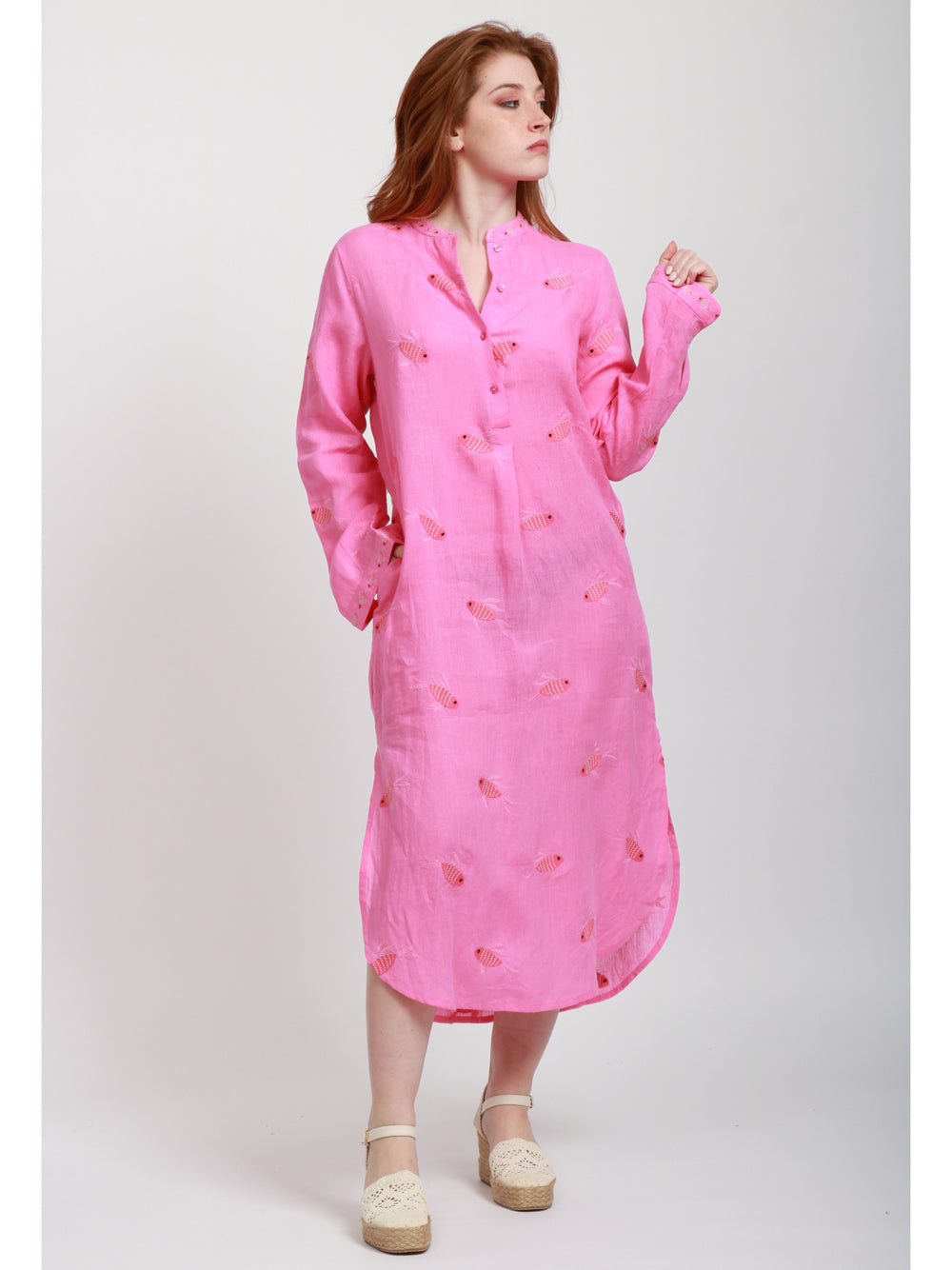 Nimo With Love Vestito Kaftano in Lino Fucsia con Pesci Ricamati Rosa bubble