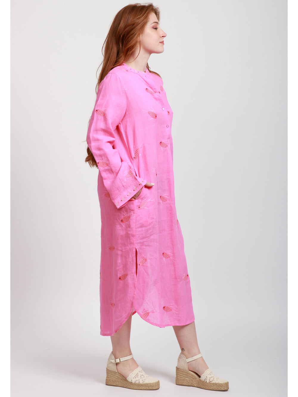 Nimo With Love Vestito Kaftano in Lino Fucsia con Pesci Ricamati Rosa bubble