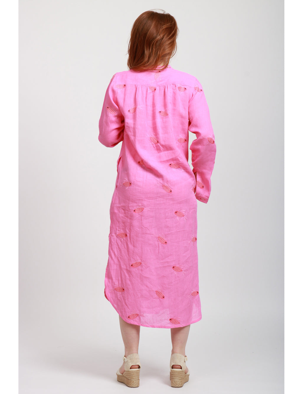 Nimo With Love Vestito Kaftano in Lino Fucsia con Pesci Ricamati Rosa bubble