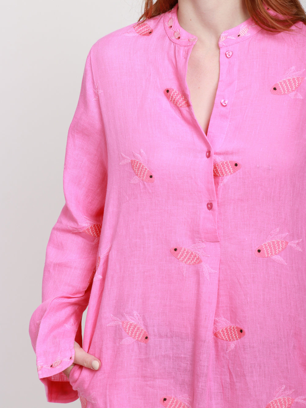 Nimo With Love Vestito Kaftano in Lino Fucsia con Pesci Ricamati Rosa bubble