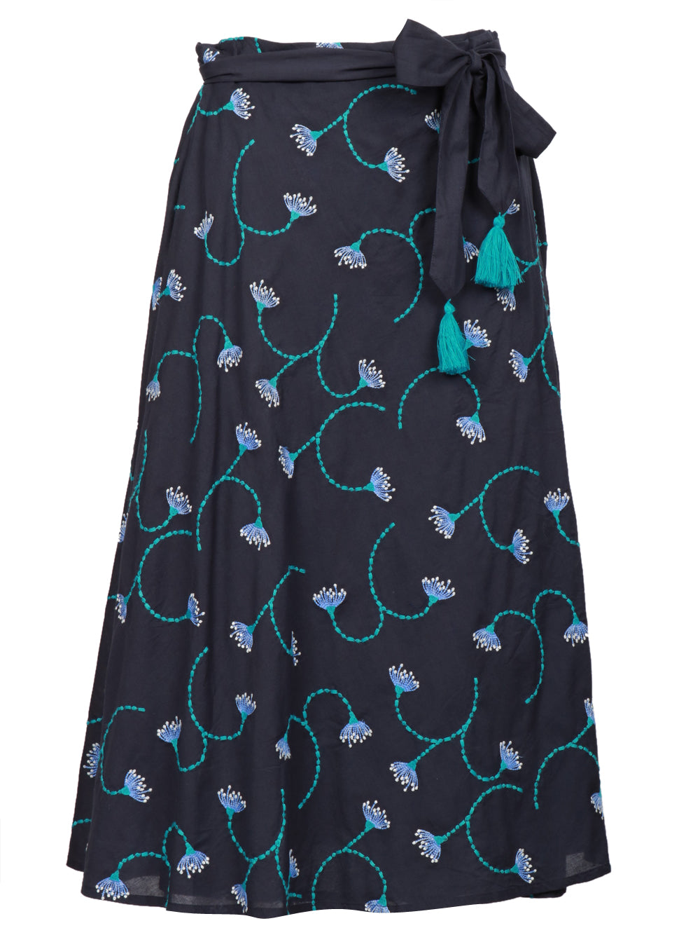 Nimo With Love Gonna Midi in Lino Blu con Ricami Turchesi Blue navy+color