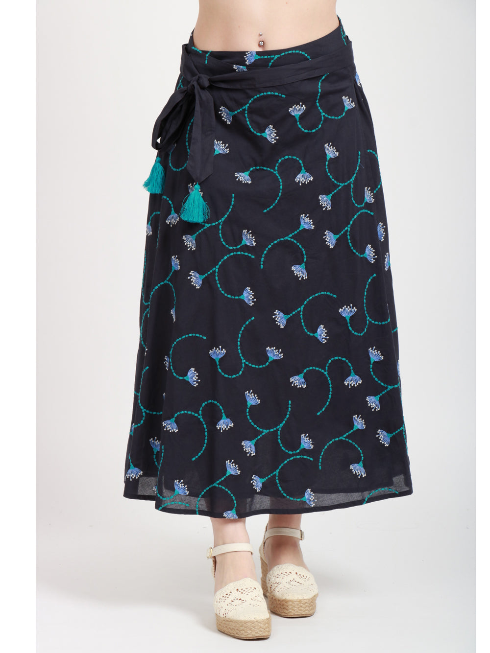 Nimo With Love Gonna Midi in Lino Blu con Ricami Turchesi Blue navy+color
