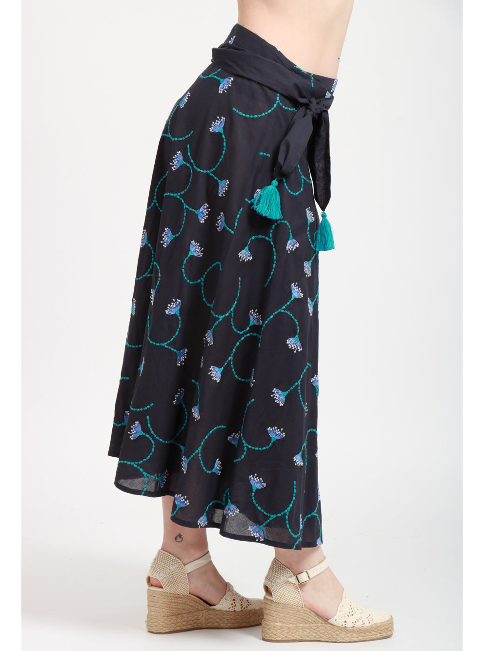 Nimo With Love Gonna Midi in Lino Blu con Ricami Turchesi Blue navy+color