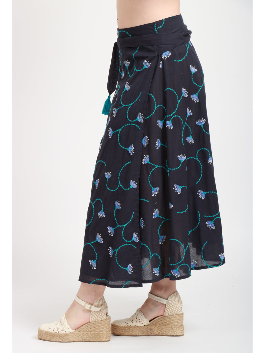 Nimo With Love Gonna Midi in Lino Blu con Ricami Turchesi Blue navy+color