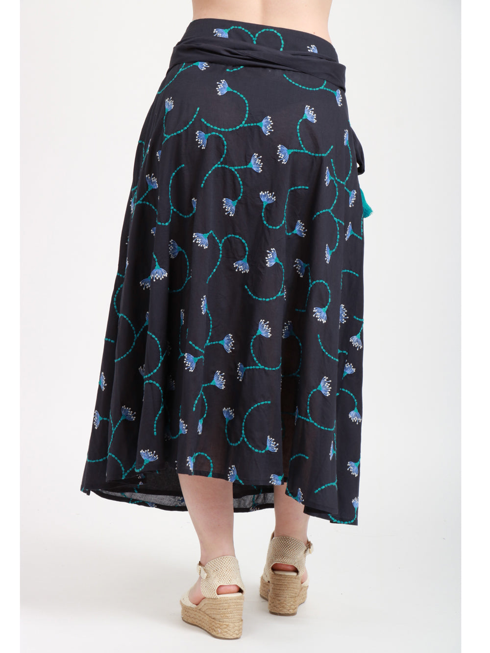 Nimo With Love Gonna Midi in Lino Blu con Ricami Turchesi Blue navy+color