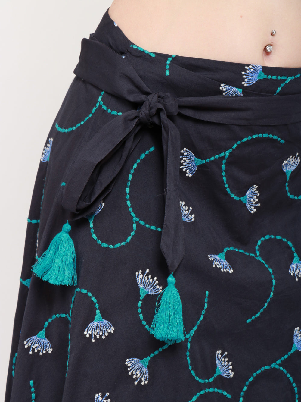 Nimo With Love Gonna Midi in Lino Blu con Ricami Turchesi Blue navy+color