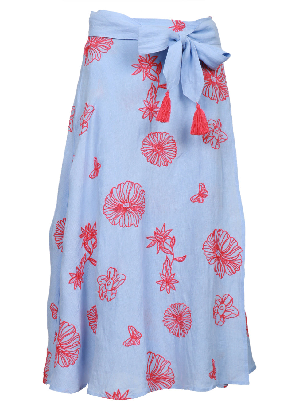 Nimo With Love Gonna Midi in Lino Celeste con Ricami Rossi Celeste+rosso