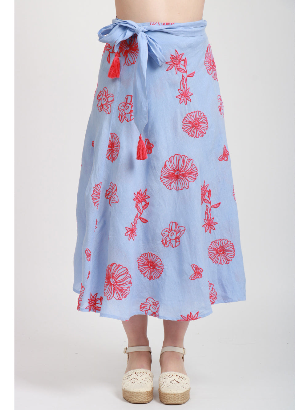Nimo With Love Gonna Midi in Lino Celeste con Ricami Rossi Celeste+rosso