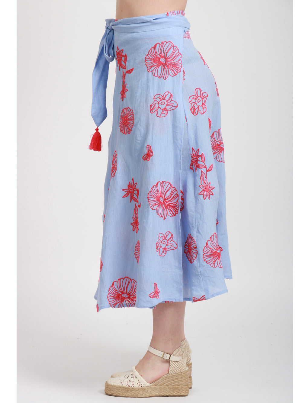Nimo With Love Gonna Midi in Lino Celeste con Ricami Rossi Celeste+rosso