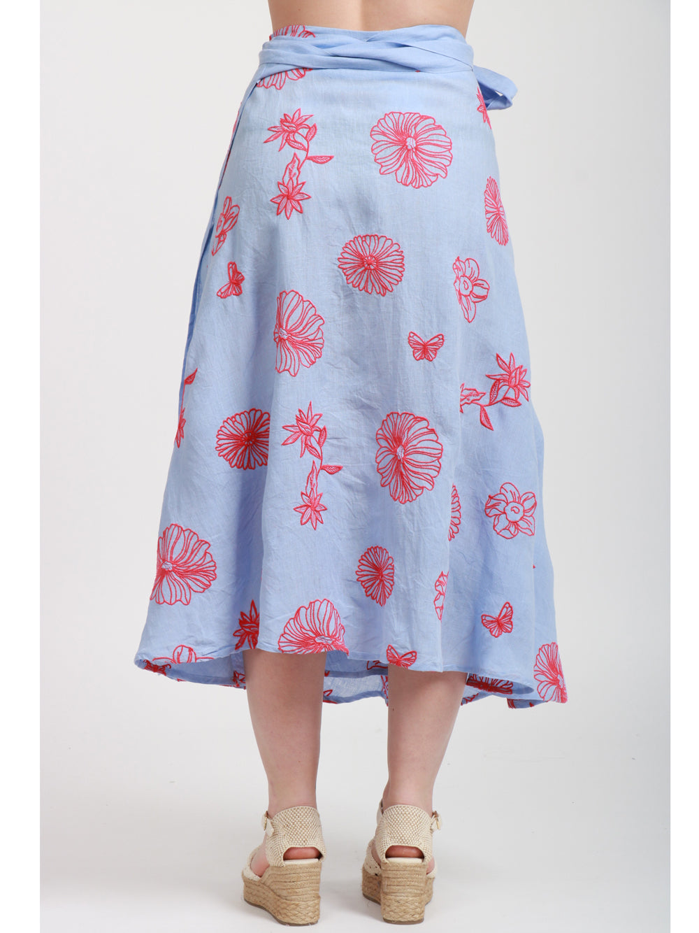 Nimo With Love Gonna Midi in Lino Celeste con Ricami Rossi Celeste+rosso